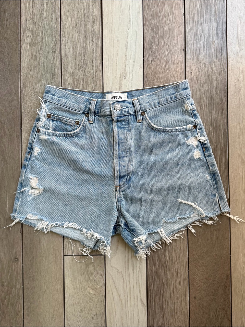 Agolde Parker Long Distressed Denim Shorts - Picture 1 of 8